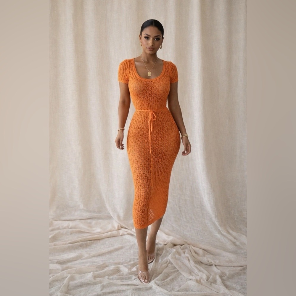 JLUXLABEL Vibrant  Crochet Orange Knit Midi Dress